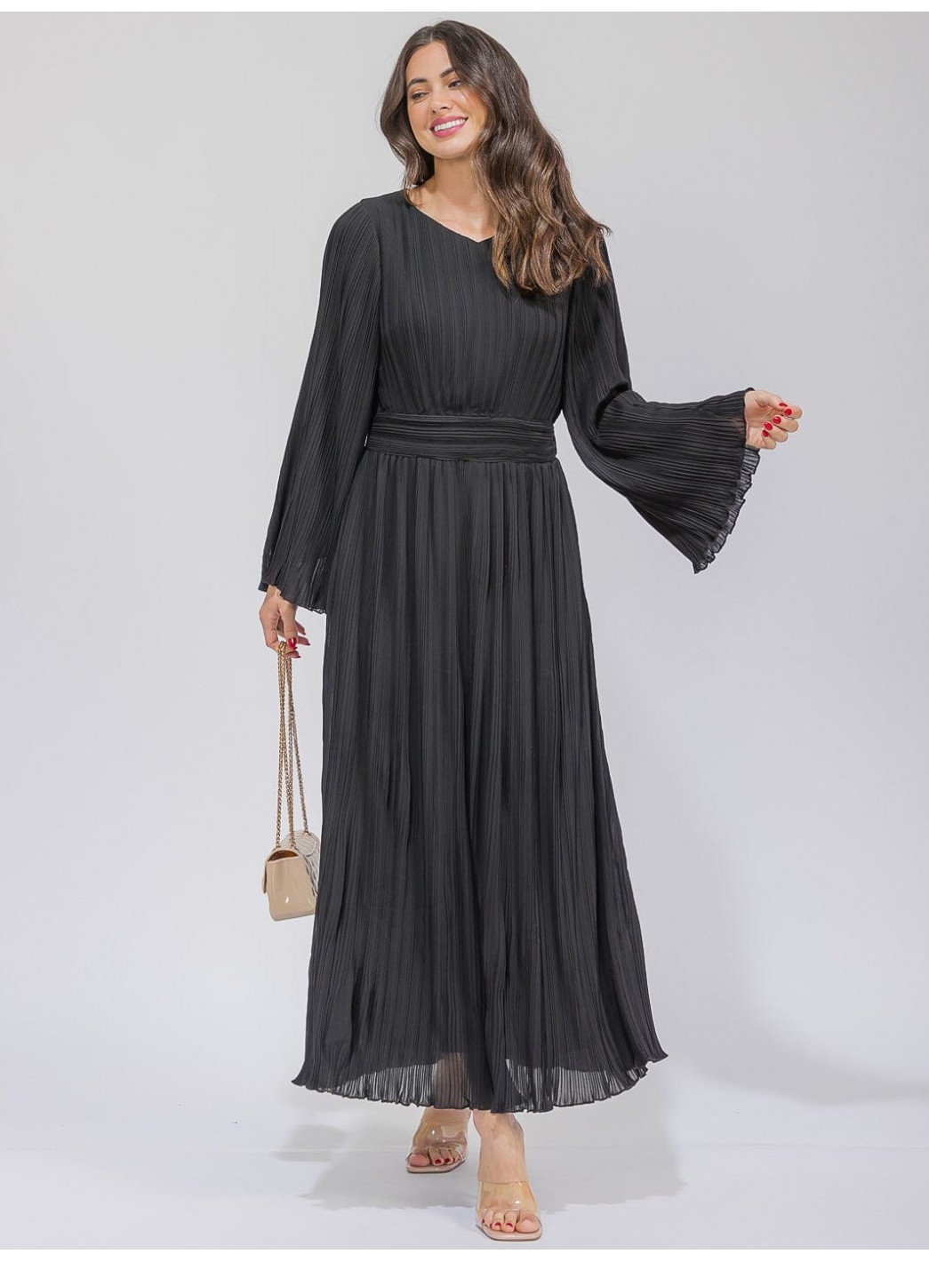 WOMEN'S LONG BELL SLEEVE V-NECK PLEATED ...