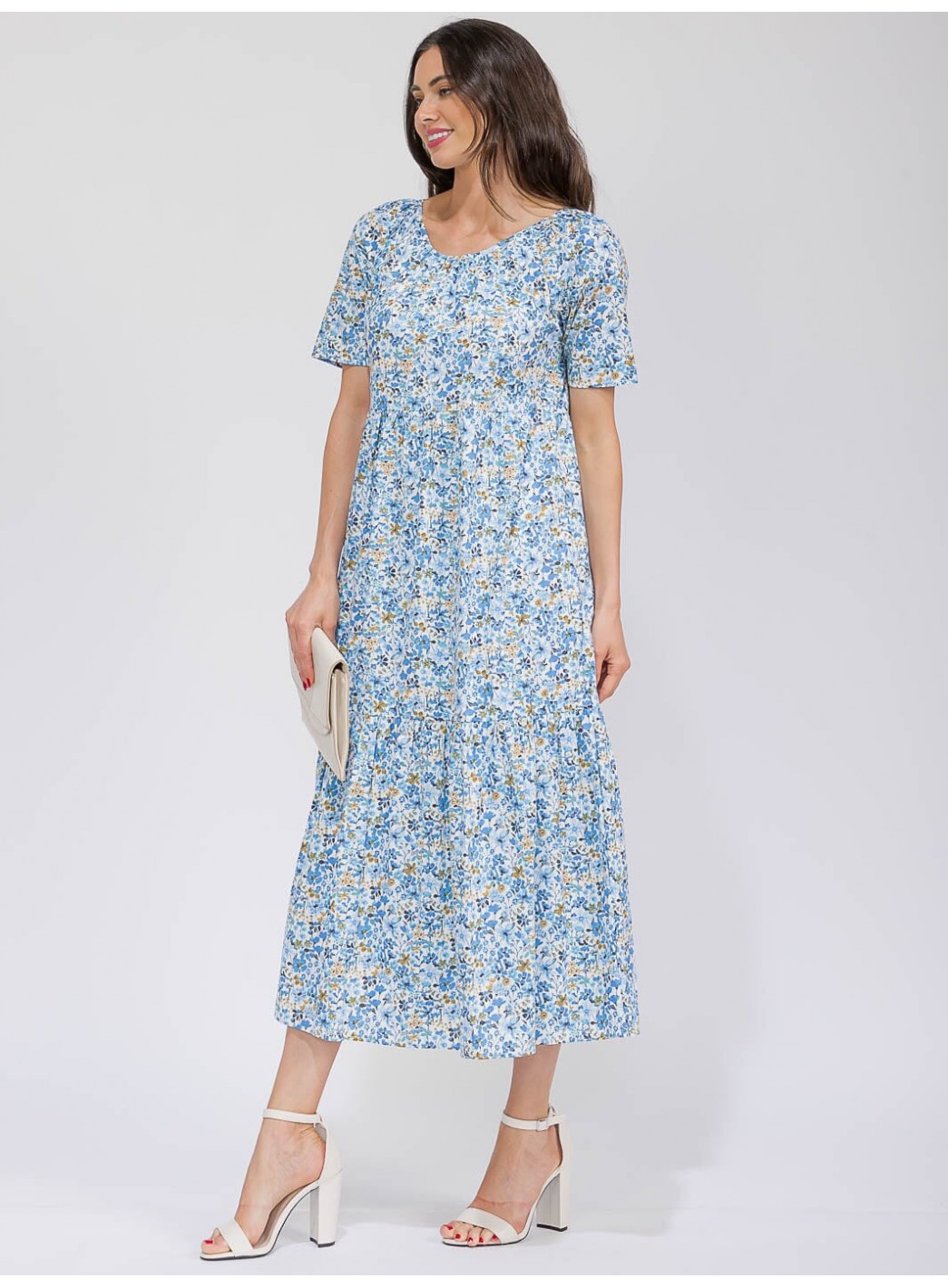 WOMEN'S SHORT SLEEVE V-NECK POCKETS TIERED FLORAL MAXI DRESS