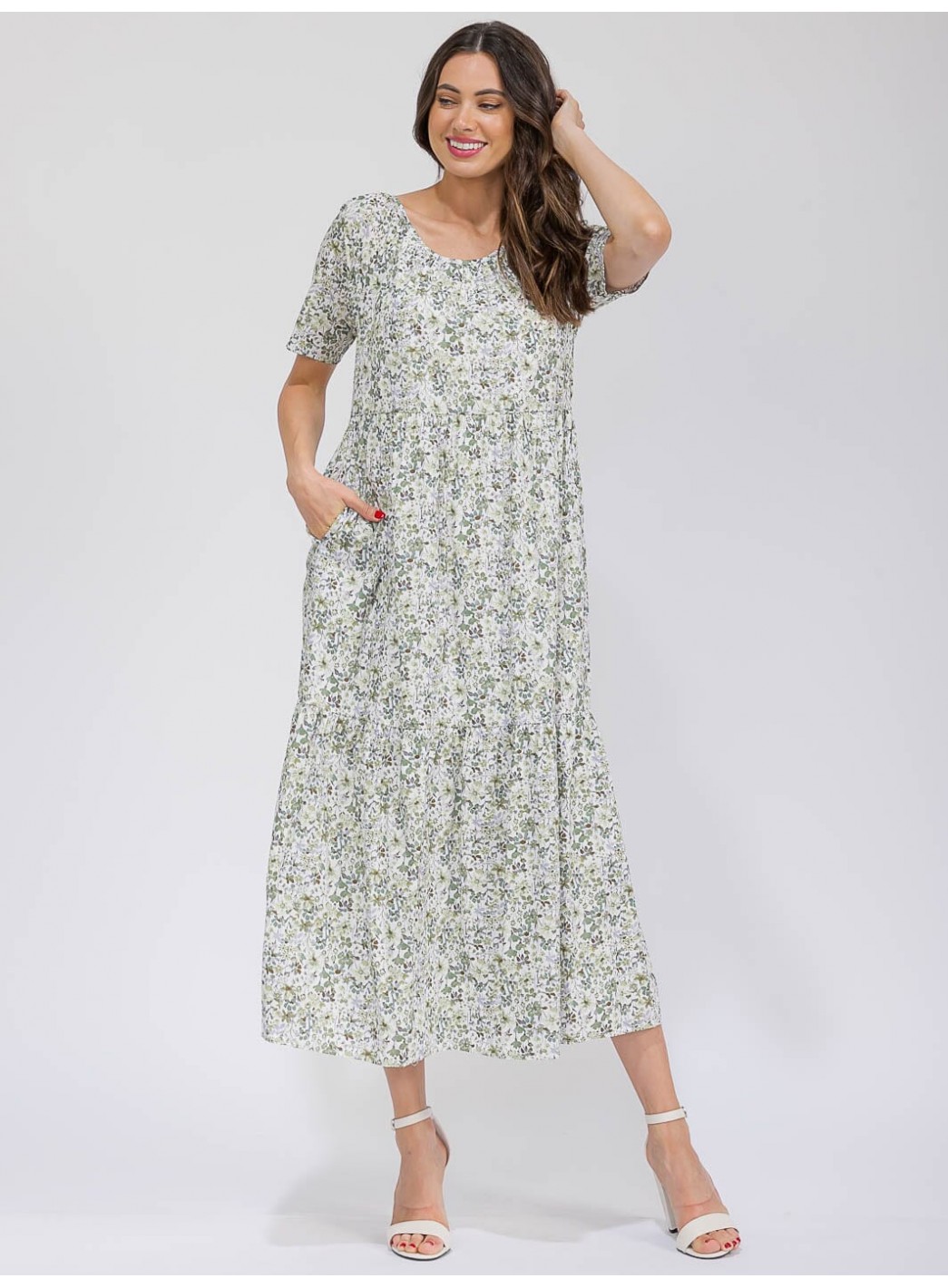 WOMEN'S SHORT SLEEVE V-NECK POCKETS TIERED FLORAL MAXI DRESS