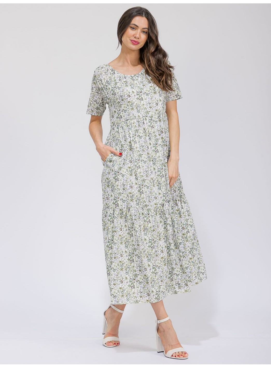 WOMEN'S SHORT SLEEVE V-NECK POCKETS TIERED FLORAL MAXI DRESS