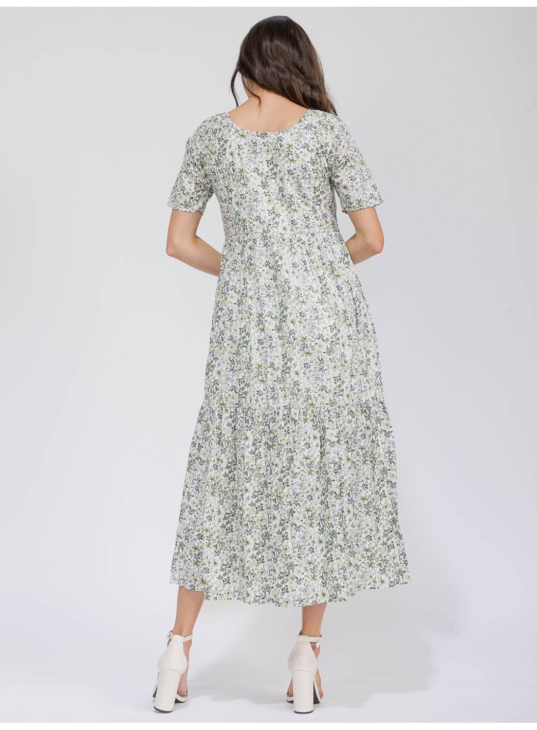 WOMEN'S SHORT SLEEVE V-NECK POCKETS TIERED FLORAL MAXI DRESS