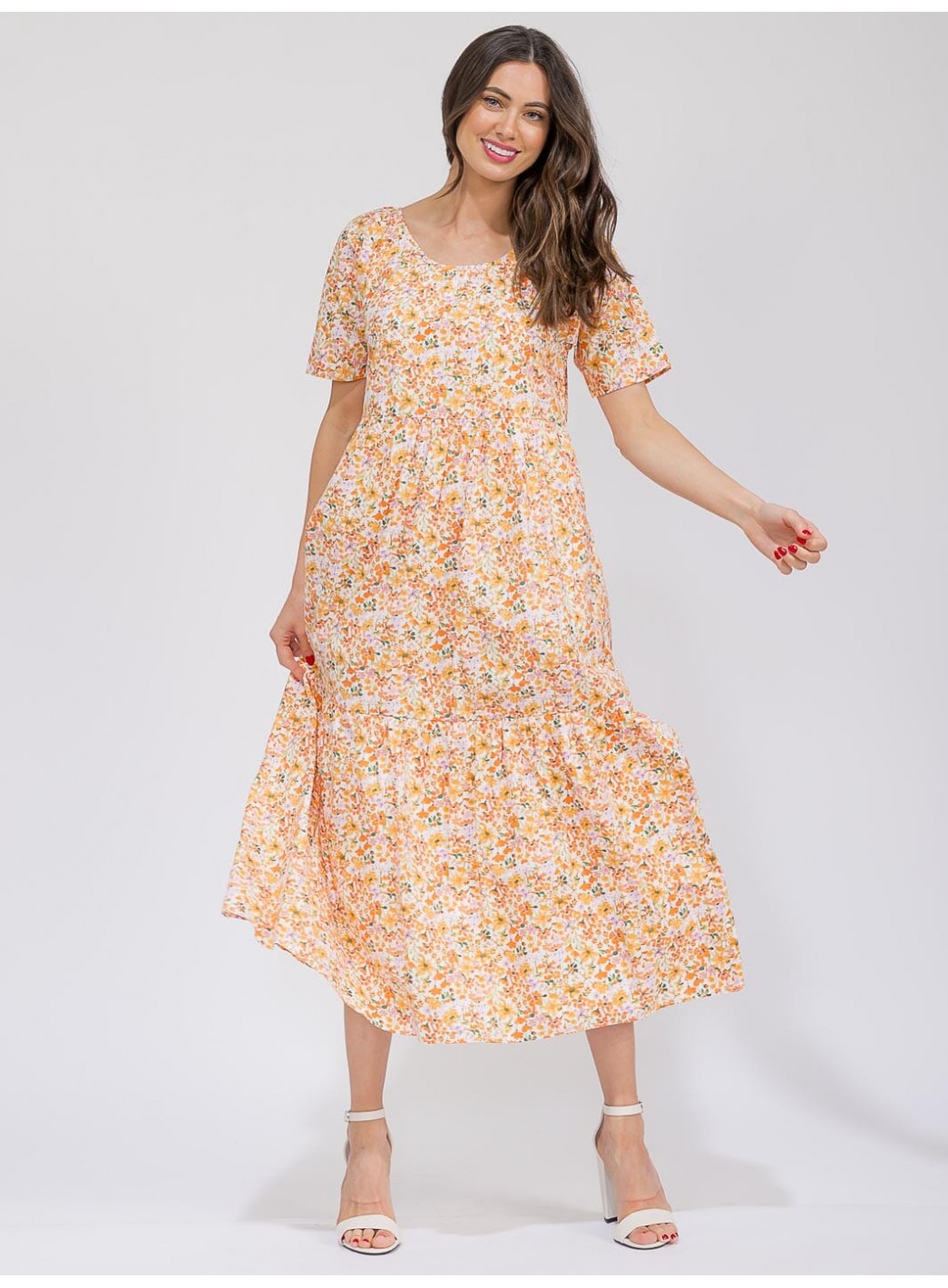 WOMEN'S SHORT SLEEVE V-NECK POCKETS TIERED FLORAL MAXI DRESS