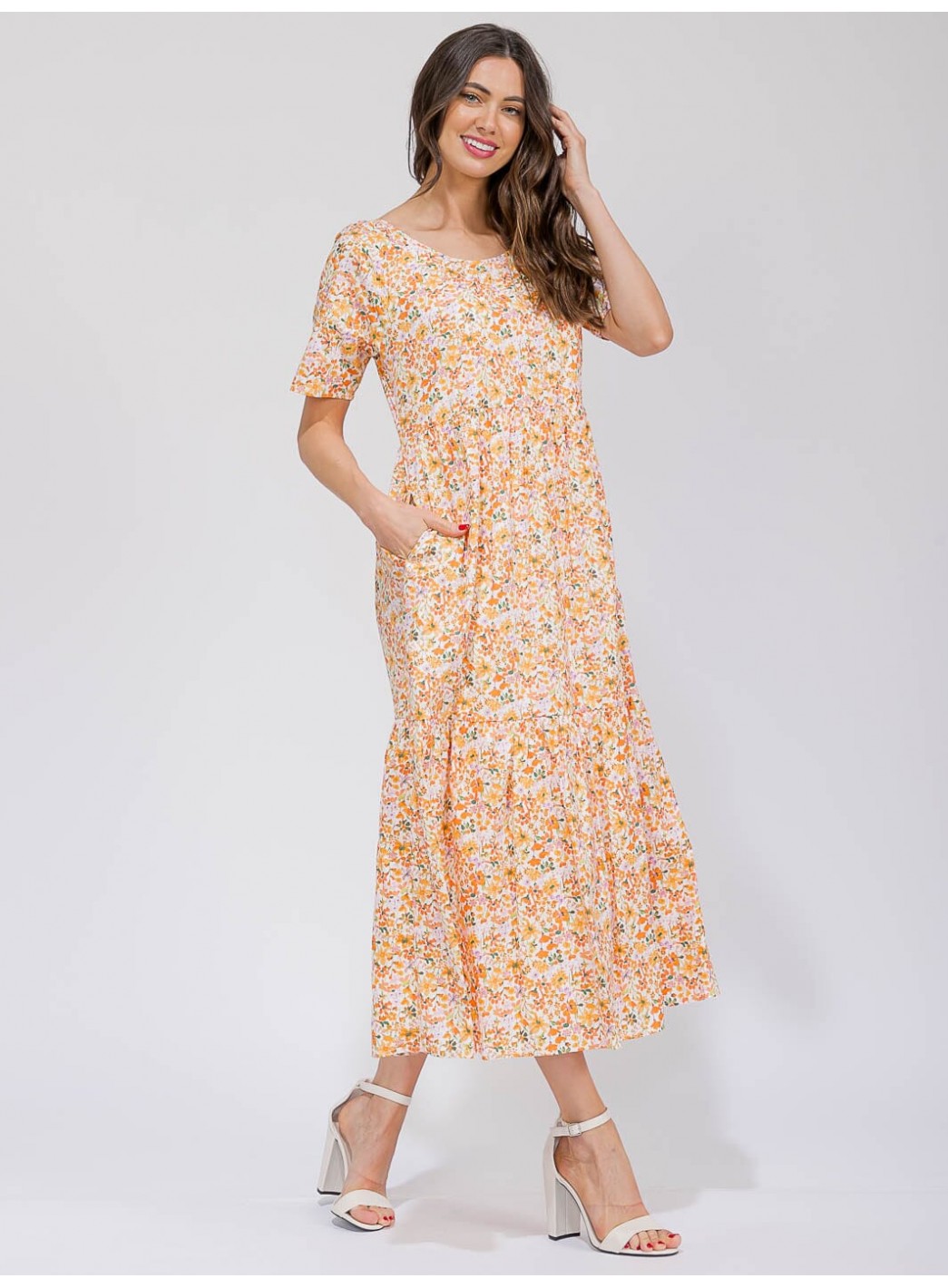 WOMEN'S SHORT SLEEVE V-NECK POCKETS TIERED FLORAL MAXI DRESS