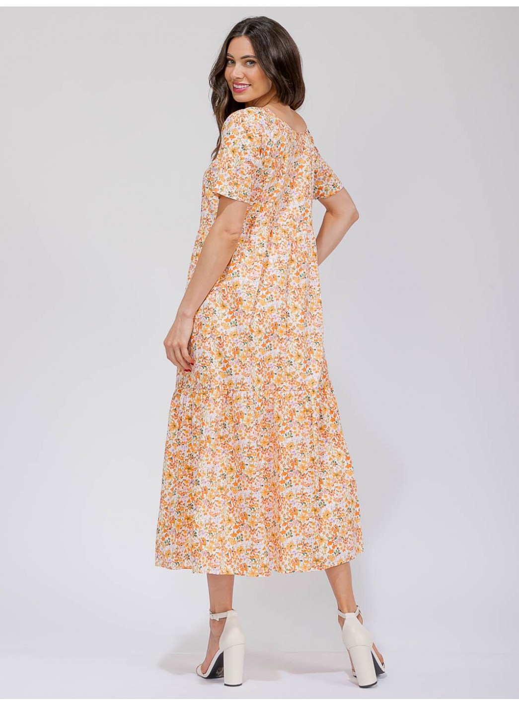 WOMEN'S SHORT SLEEVE V-NECK POCKETS TIERED FLORAL MAXI DRESS