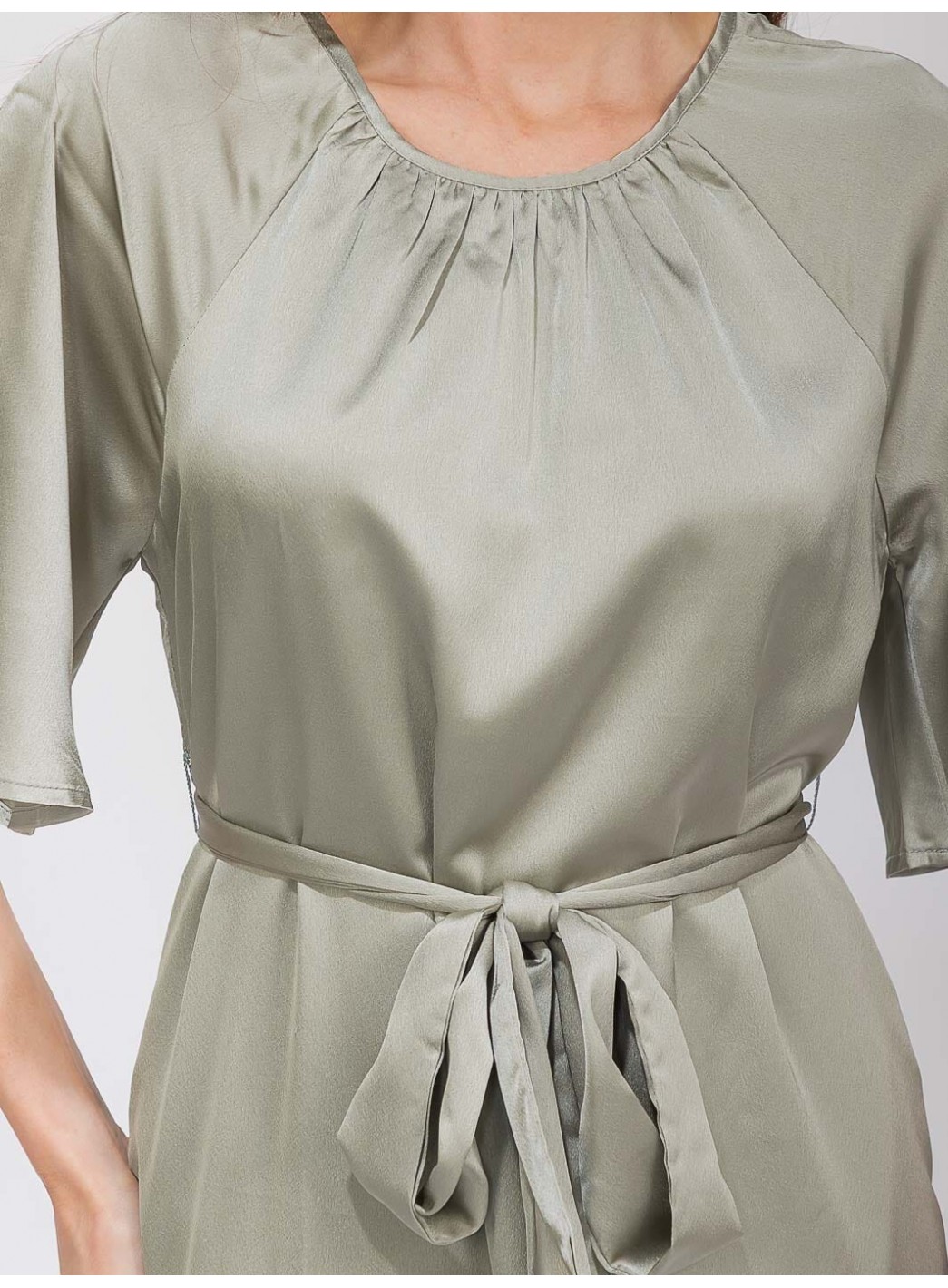 WOMEN'S SHORT SLEEVE POCKETS SEKF TIE SATIN MAXI DRESS