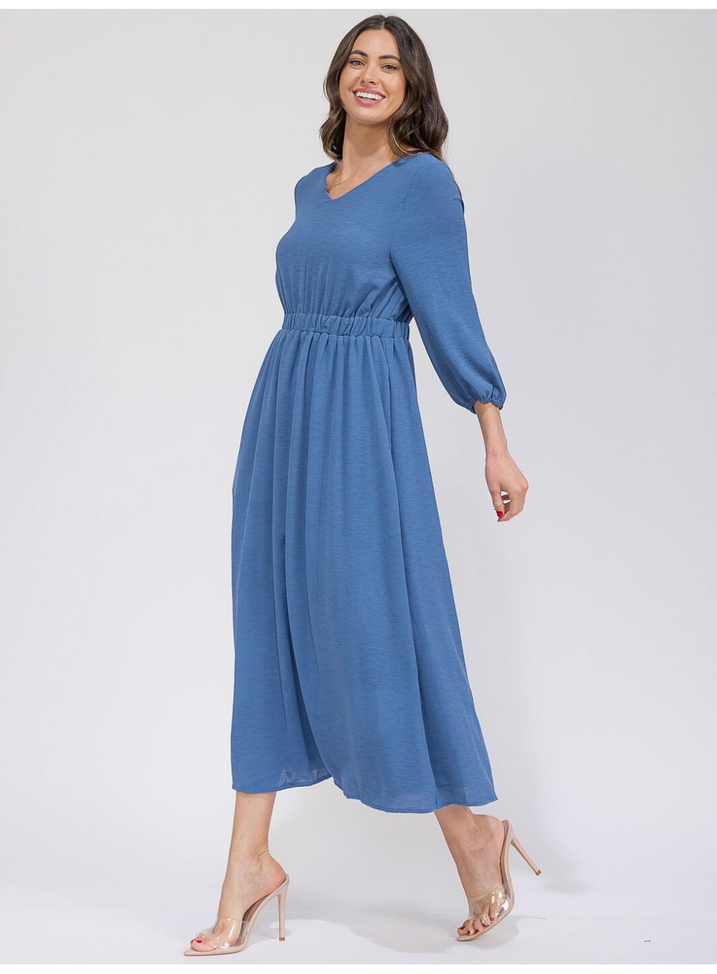 WOMEN'S 3/4 SLEEVES V-NECK ELASTIC WAIST...