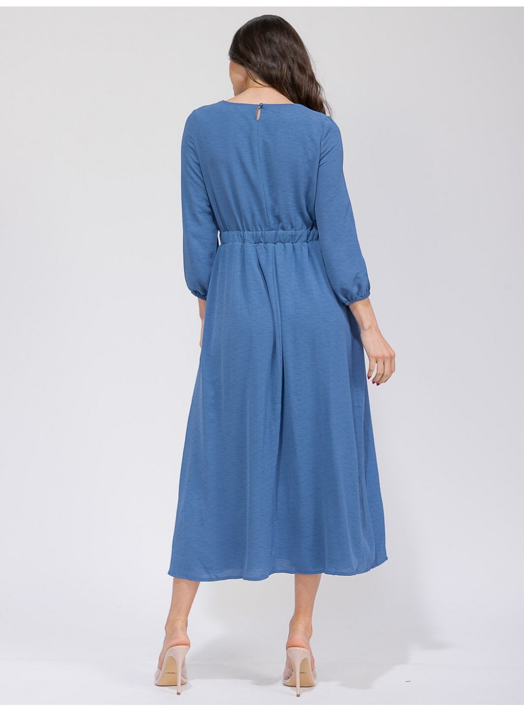 WOMEN'S 3/4 SLEEVES V-NECK ELASTIC WAIST FRONT POCKETS MAXI DRESS