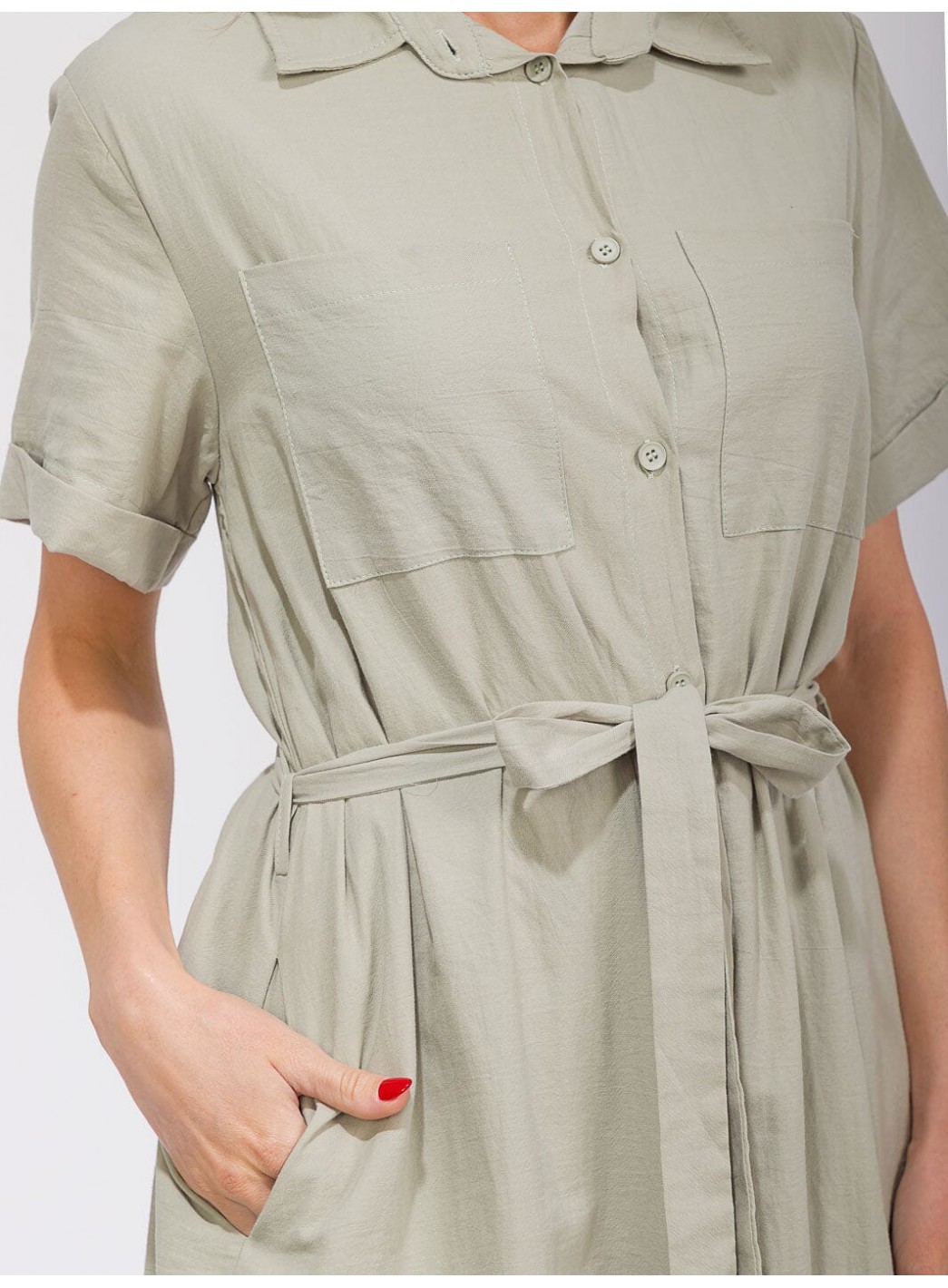 WOMEN'S SHORT SLEEVES BUTTON UP SELF TIE POCKETS MAXI DRESS