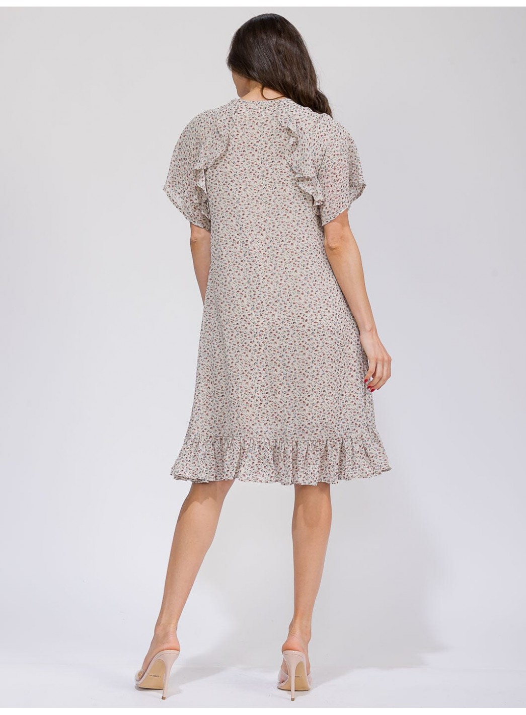 WOMEN'S SHORT SLEEVE FRONT POCKETS V-NECK RUFFLE FLORAL MIDI DRESS