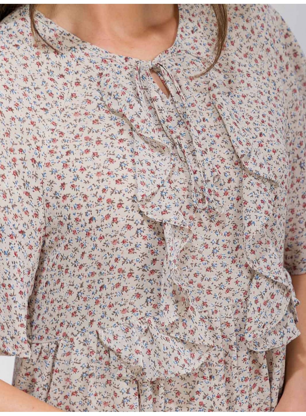 WOMEN'S SHORT SLEEVE FRONT POCKETS V-NECK RUFFLE FLORAL MIDI DRESS