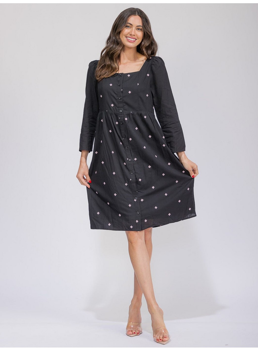 WOMEN'S LONG SLEEVE SQUARE NECK SMOCK FLORAL DETAILED MIDI DRESS