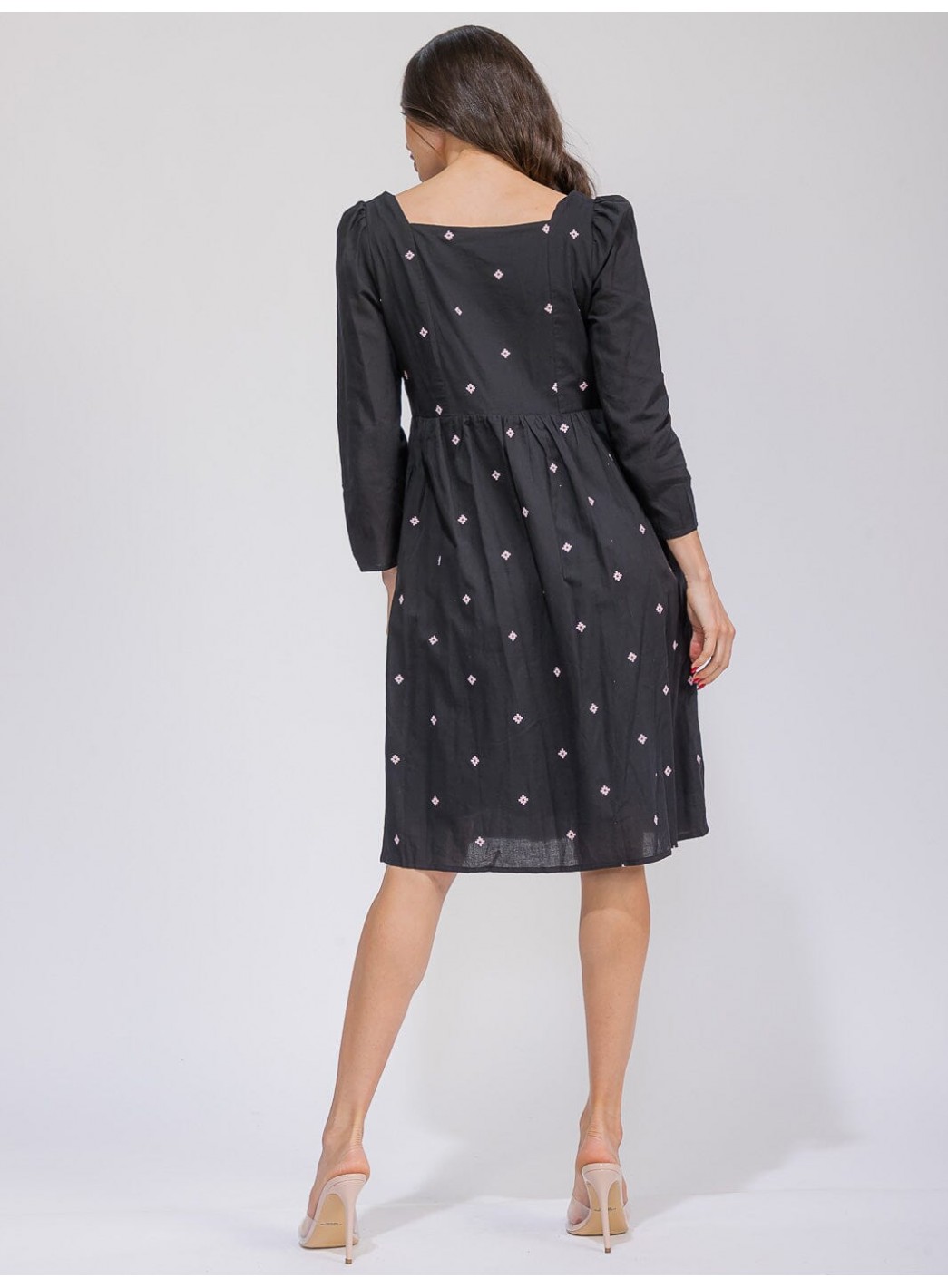 WOMEN'S LONG SLEEVE SQUARE NECK SMOCK FLORAL DETAILED MIDI DRESS