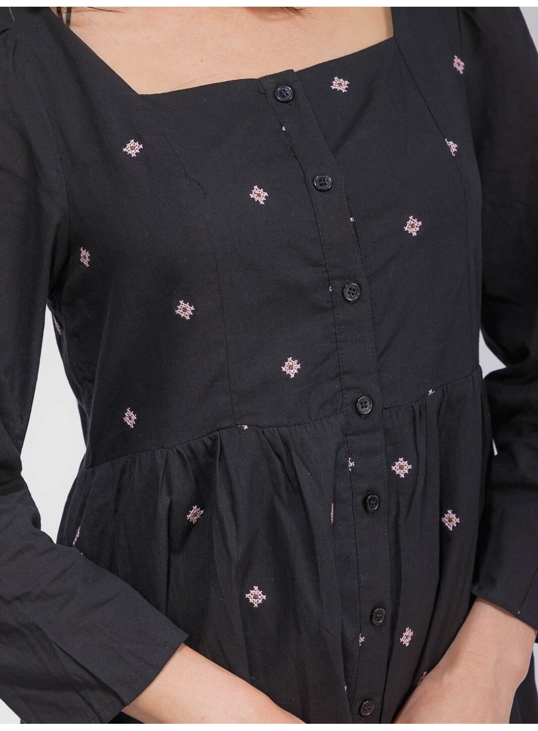 WOMEN'S LONG SLEEVE SQUARE NECK SMOCK FLORAL DETAILED MIDI DRESS