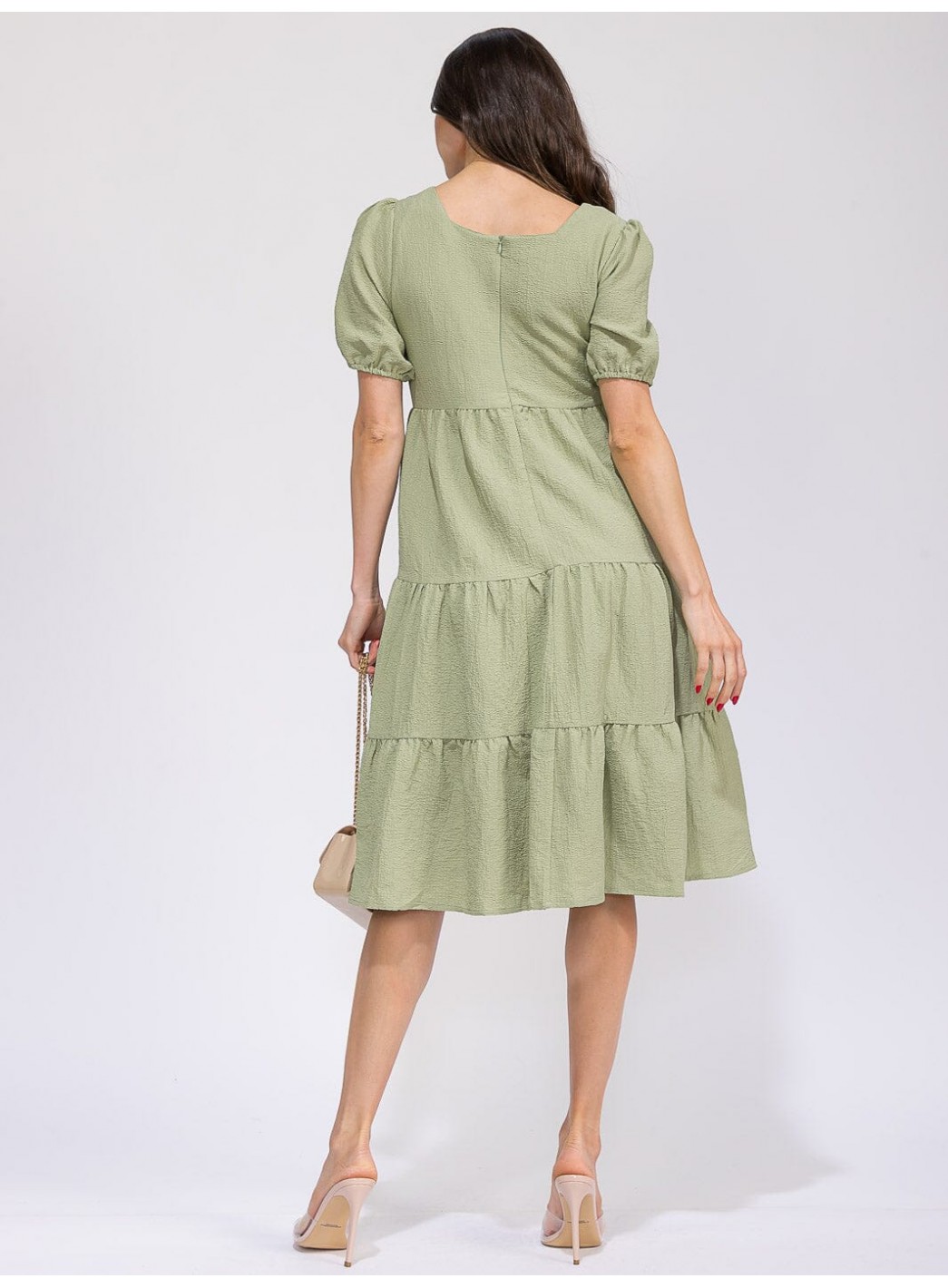 WOMEN'S SHORT SLEEVE SQUARE NECK FRONT POCKETS TIERED MIDI DRESS