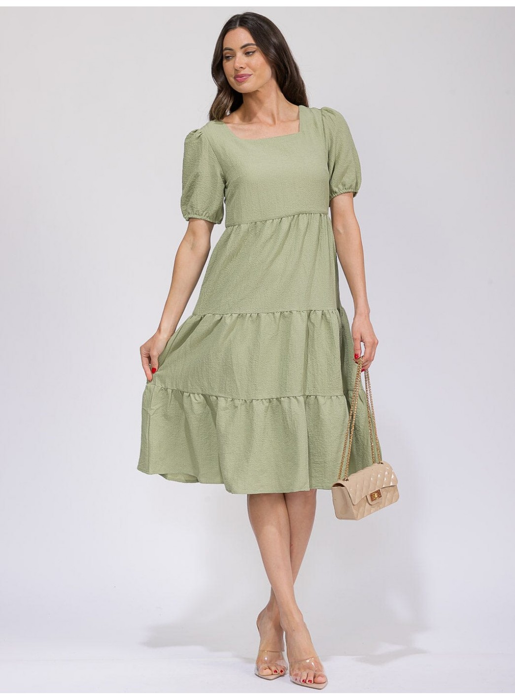 WOMEN'S SHORT SLEEVE SQUARE NECK FRONT POCKETS TIERED MIDI DRESS