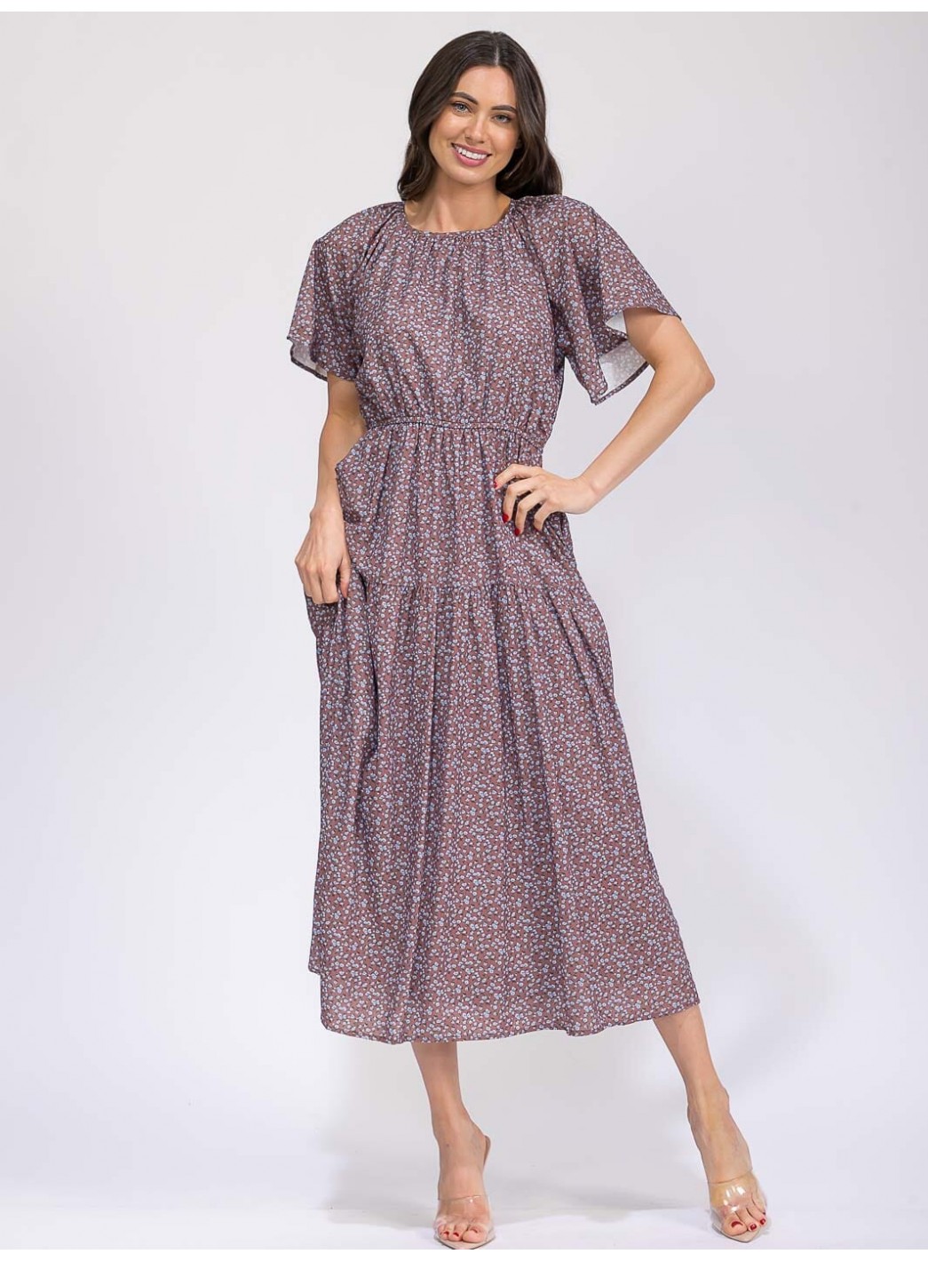 WOMEN'S SHORT SLEEVE ELASTIC WAIST FRONT POCKET FLORAL MAXI DRESS