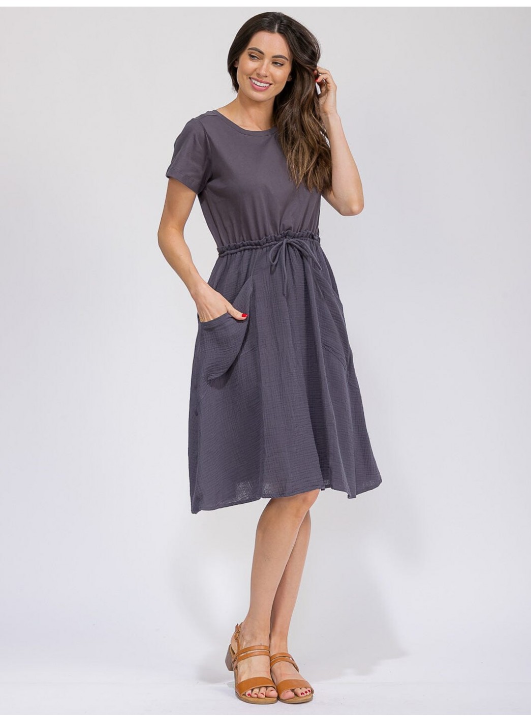 WOMEN'S SHORT SLEEVE ELASTIC WAIST FRONT...