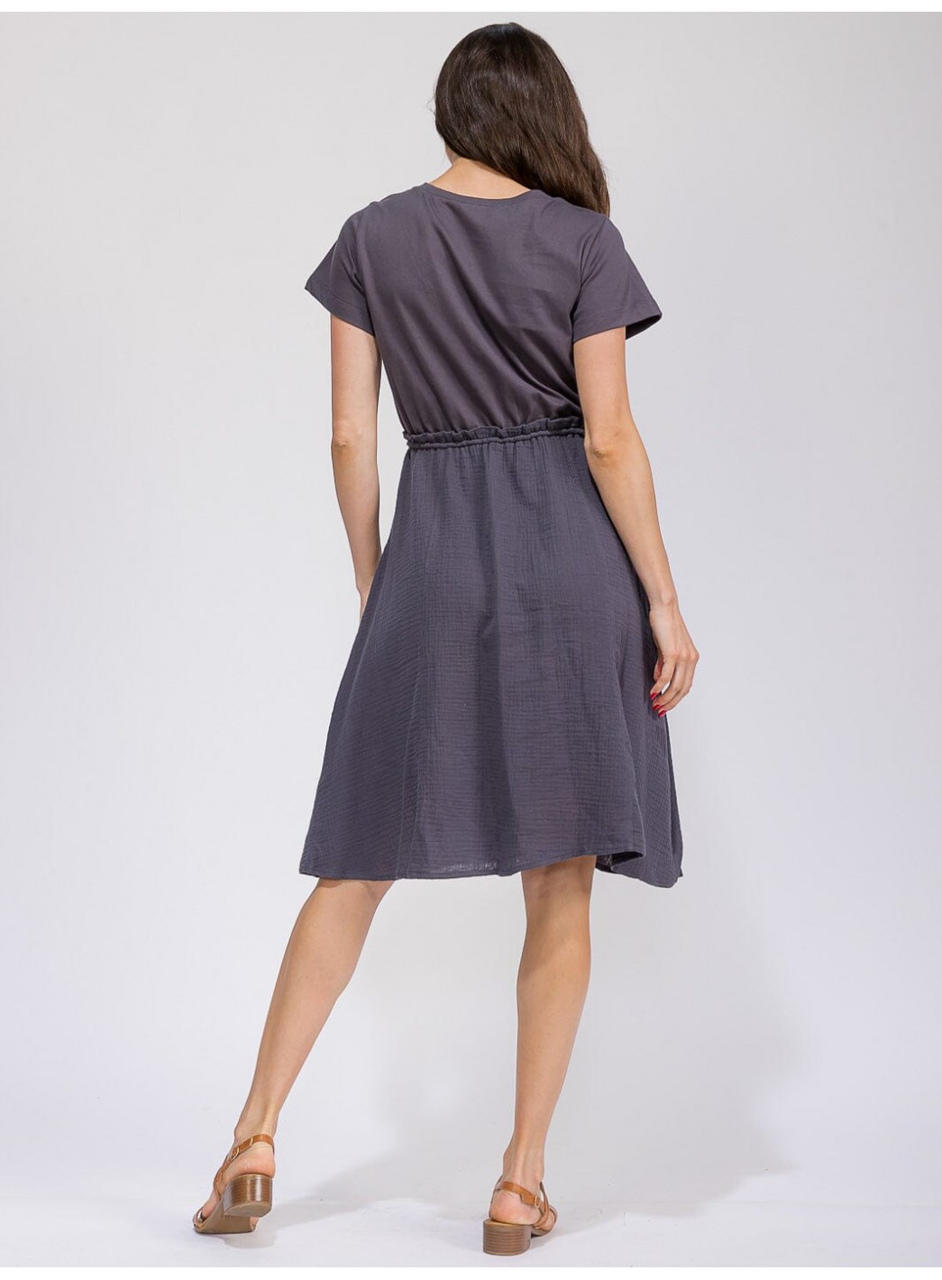 WOMEN'S SHORT SLEEVE ELASTIC WAIST FRONT POCKETS CONTRAST MIDI DRESS