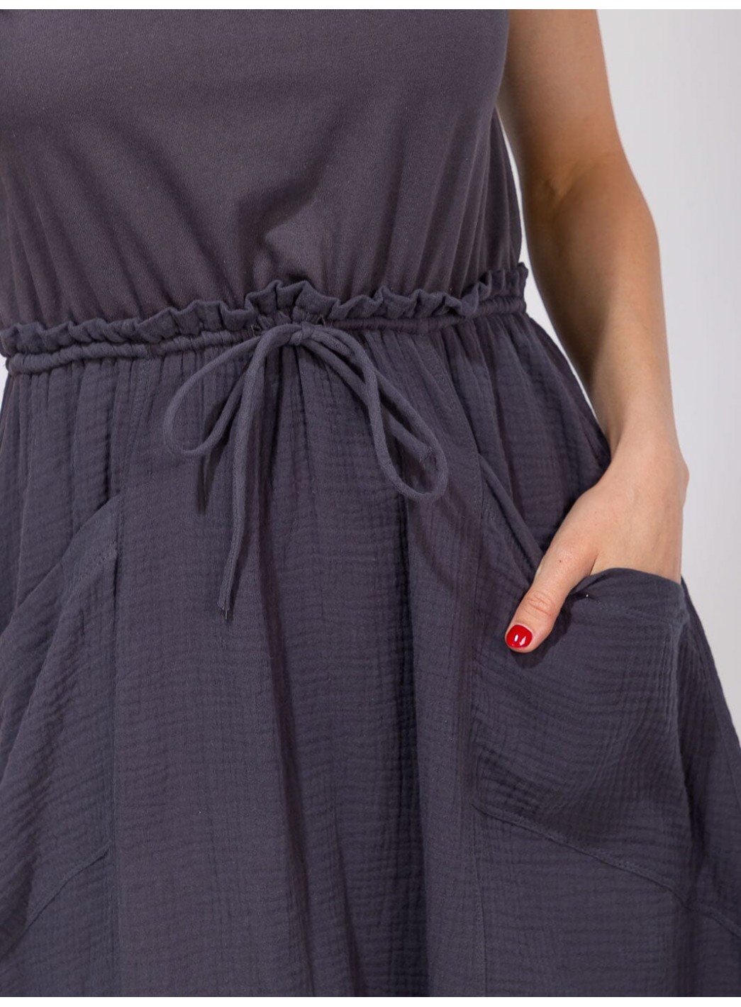 WOMEN'S SHORT SLEEVE ELASTIC WAIST FRONT POCKETS CONTRAST MIDI DRESS