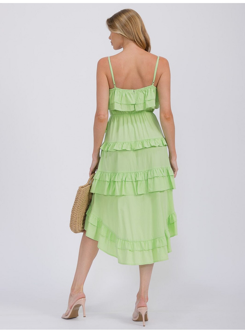 WOMEN'S SLEEVELESS RUFFLE TIERED HIGH-LOW MIDI DRESS