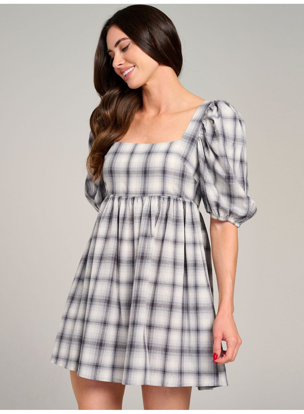 WOMEN'S SHORT PUFF SLEEVE OPEN BACK COLORBLOCK PLAID MINI DRESS