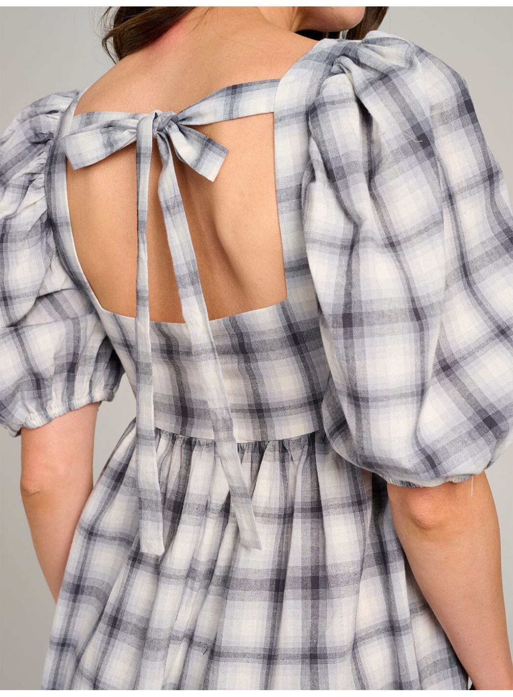 WOMEN'S SHORT PUFF SLEEVE OPEN BACK COLORBLOCK PLAID MINI DRESS