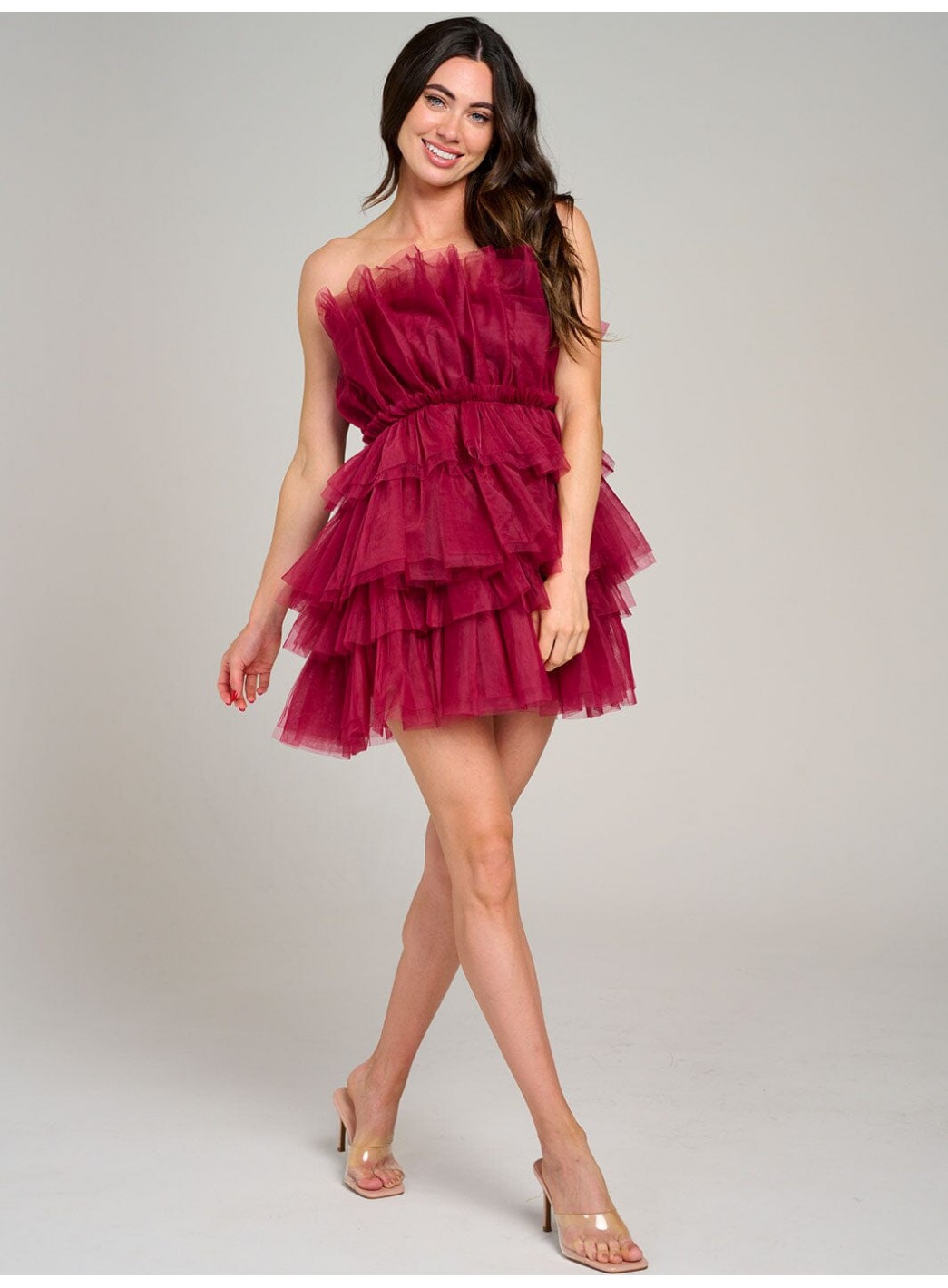 WOMEN'S SLEEVELESS ORGANZA TIERED RUFFLE TUBE MINI DRESS