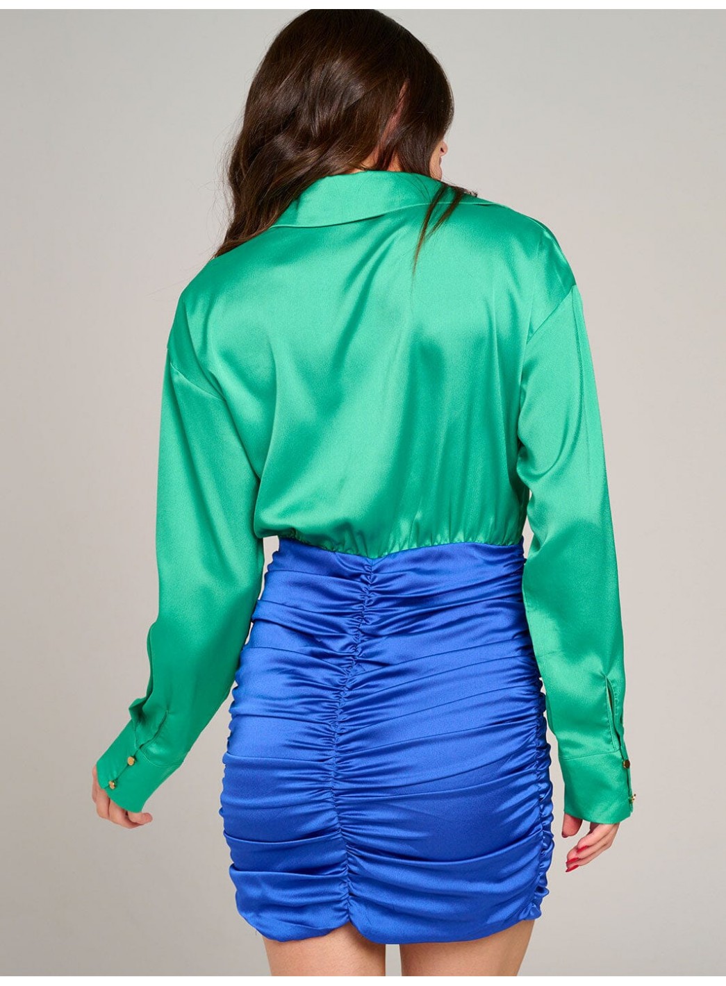 WOMEN'S LONG SLEEVE V-NECK RUCHED COLORBLOCK BODYCON MINI DRESS