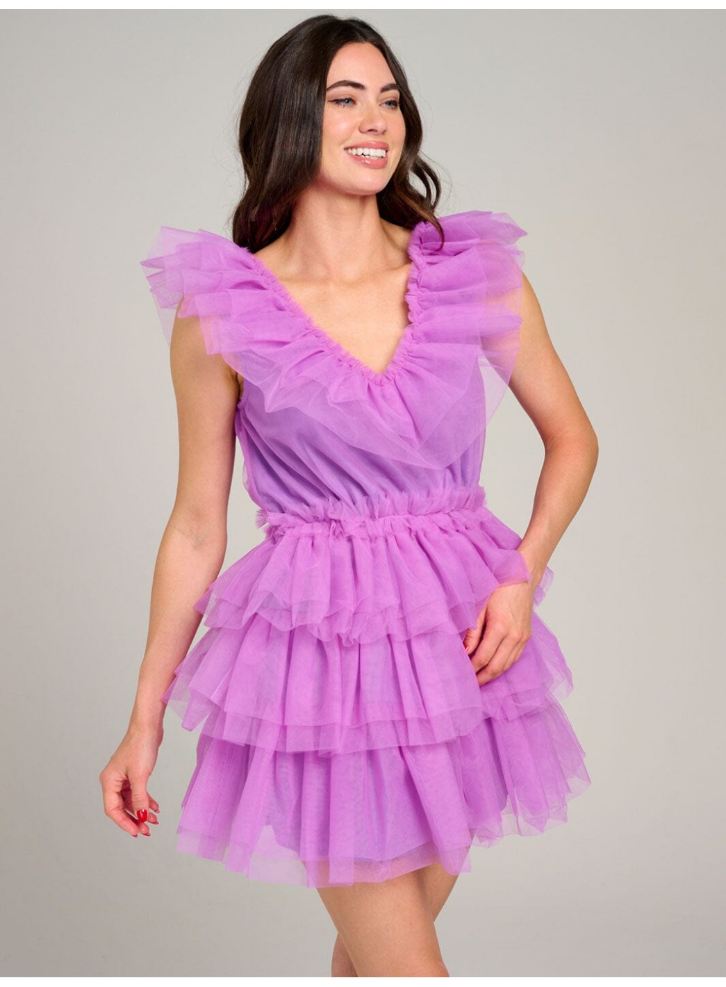 WOMEN'S SLEEVELESS V-NECK ORGANZA TIERED RUFFLE MINI DRESS
