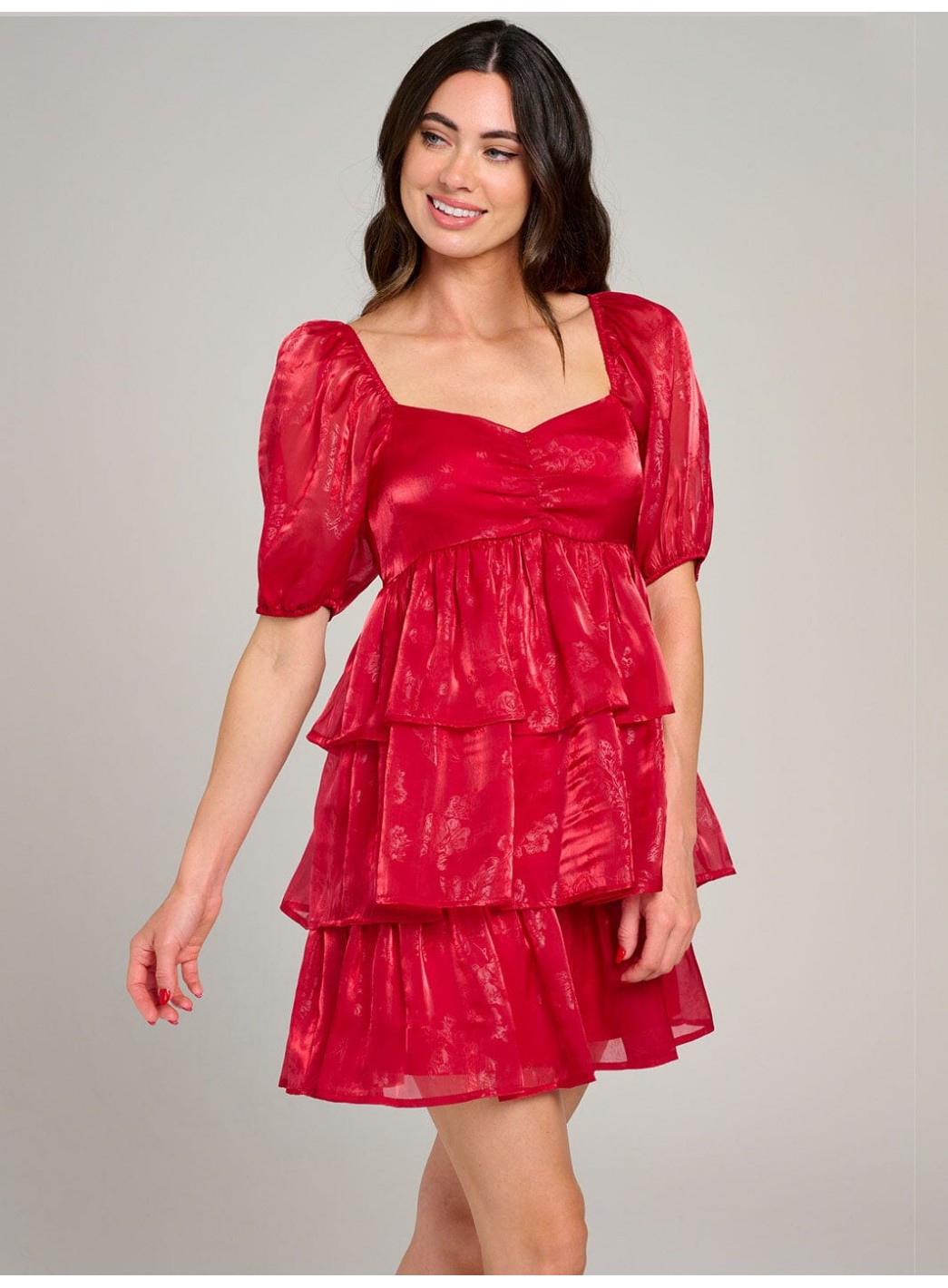 WOMEN'S SHORT PUFF SLEEVE SQUARE NECK TIERED RUFFLE MINI DRESS
