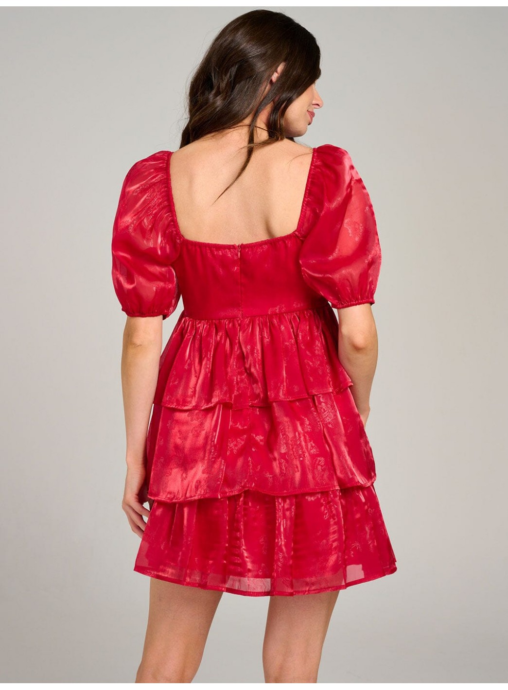 WOMEN'S SHORT PUFF SLEEVE SQUARE NECK TIERED RUFFLE MINI DRESS