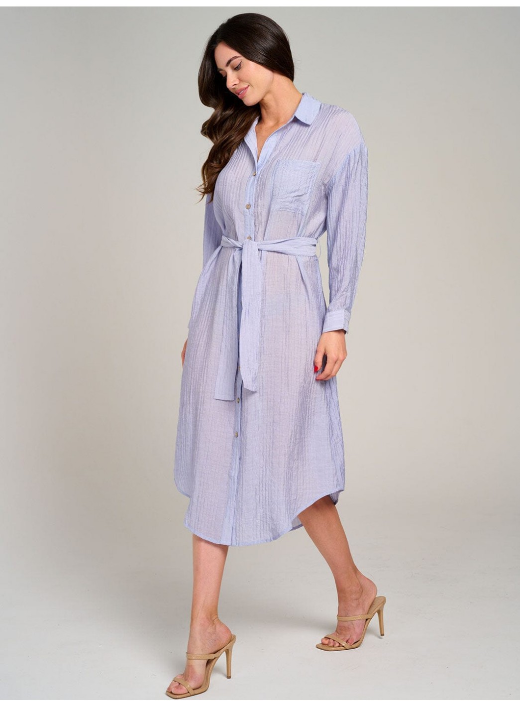 WOMEN'S LONG SLEEVE FONT POCKET BUTTON UP SELF TIE MIDI DRESS