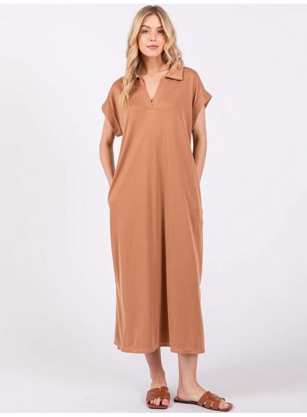 WOMEN'S SHORT SLEEVE V-NECK SIDE SLIT FRONT POCKET LOOSE FIT MAXI DRESS