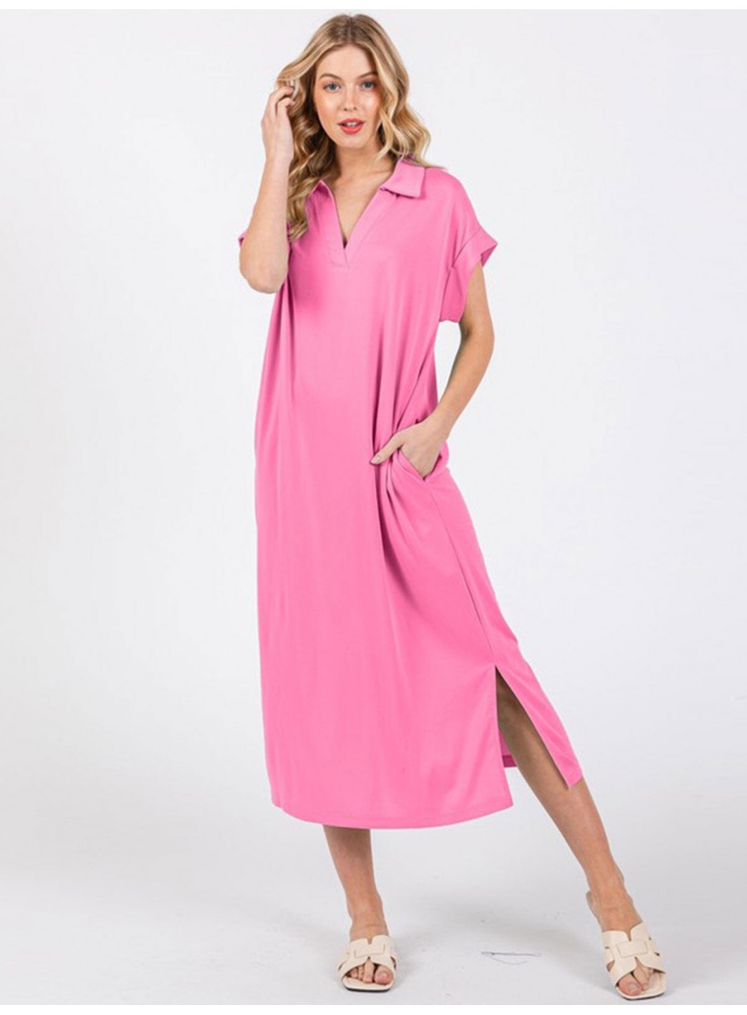 WOMEN'S SHORT SLEEVE V-NECK SIDE SLIT FRONT POCKET LOOSE FIT MAXI DRESS