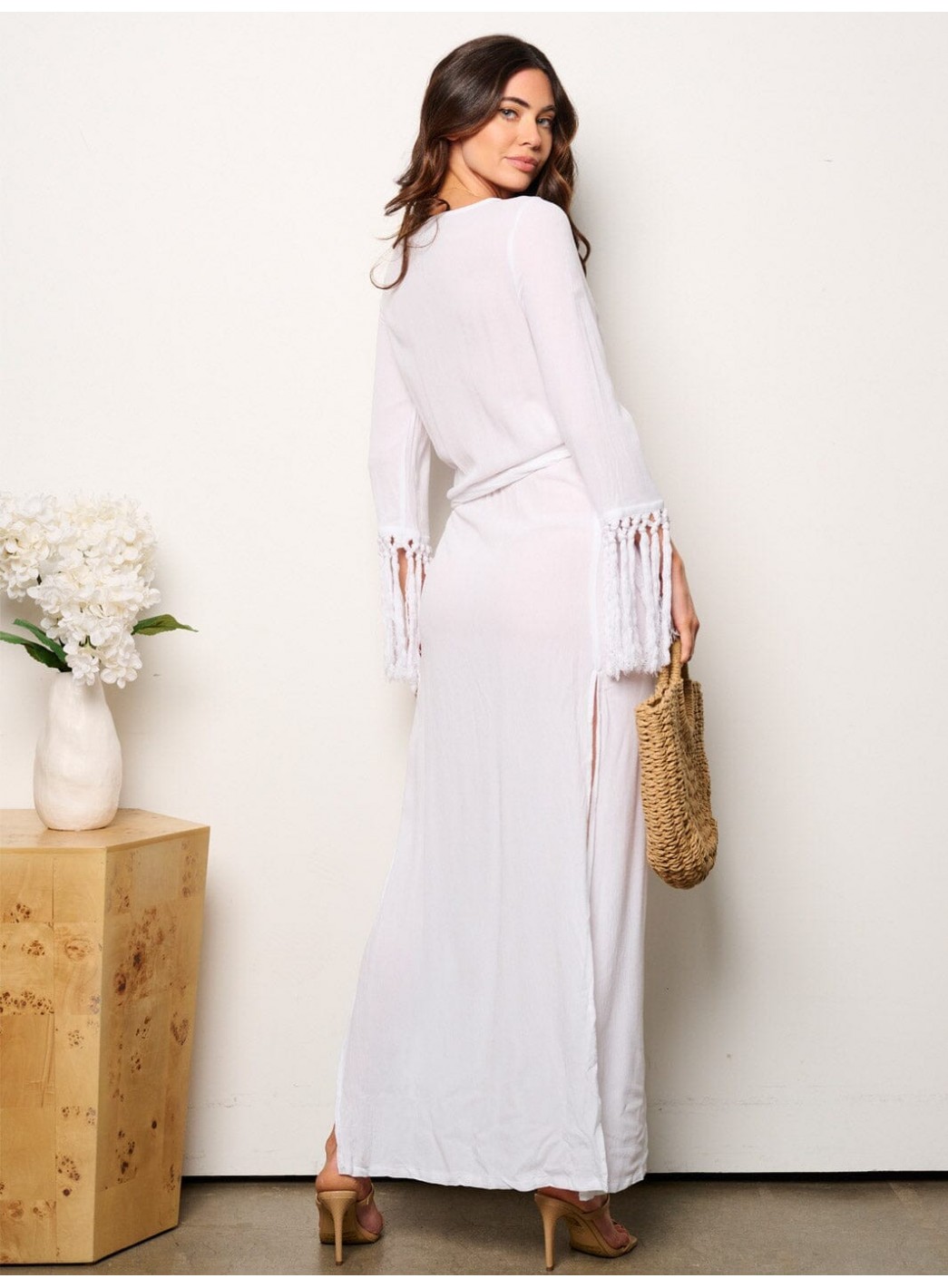 WOMEN'S LONG TASSEL SLEEVE V-NECK WRAP MAXI DRESS
