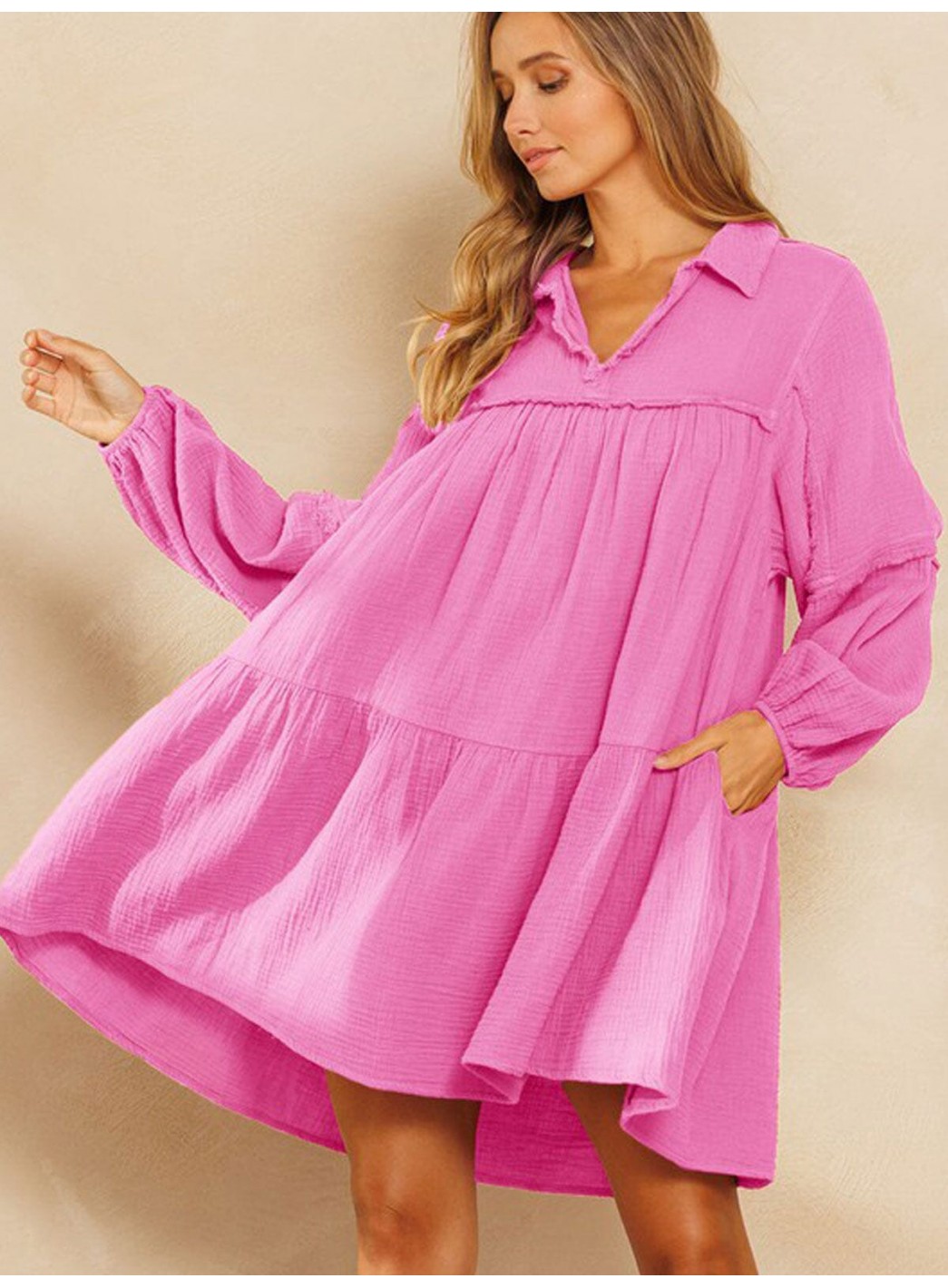 WOMEN'S LONG SLEEVE V-NECK FRONT POCKETS TIERED MIDI DRESS