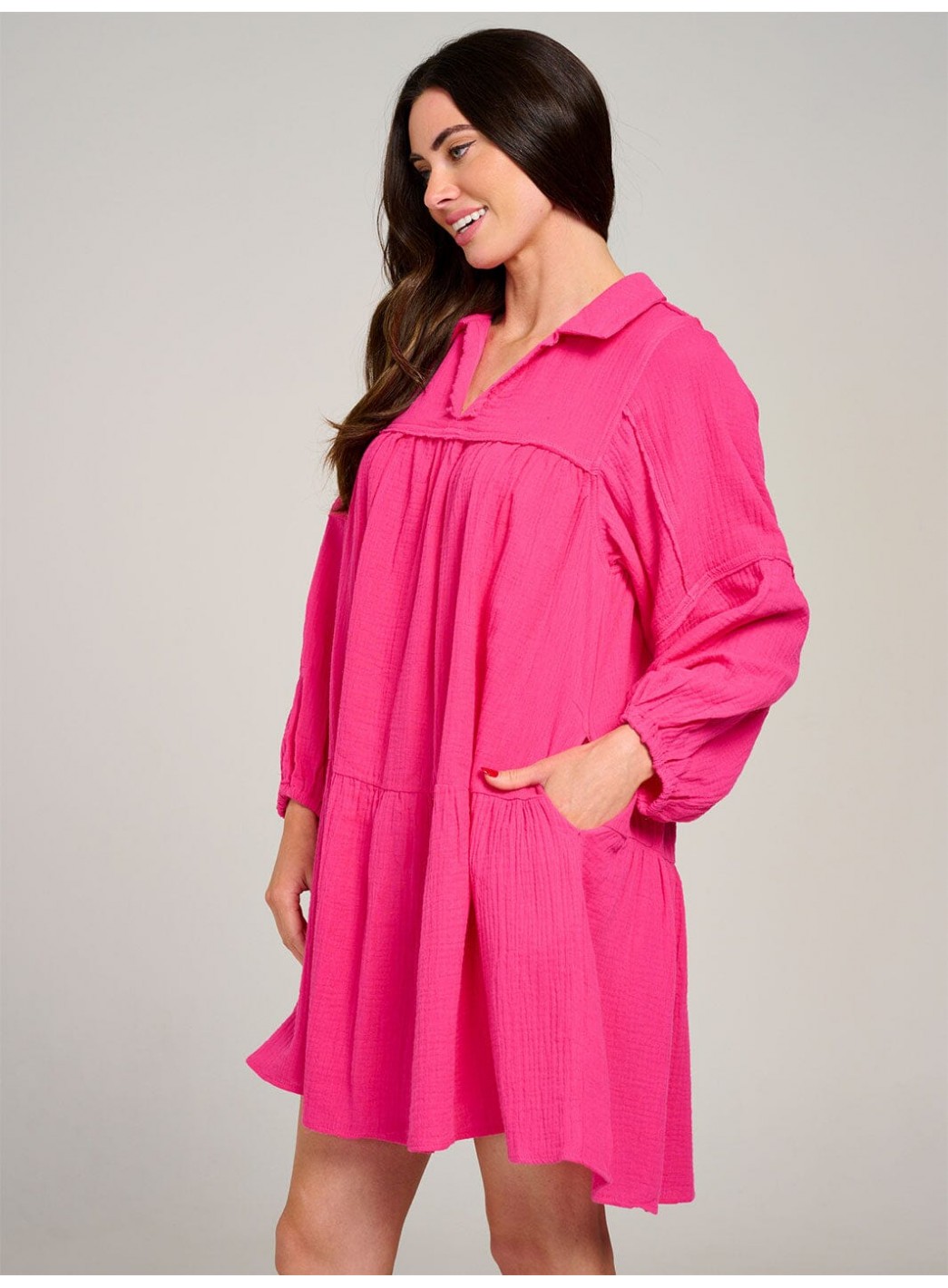 WOMEN'S LONG SLEEVE V-NECK FRONT POCKETS TIERED MIDI DRESS