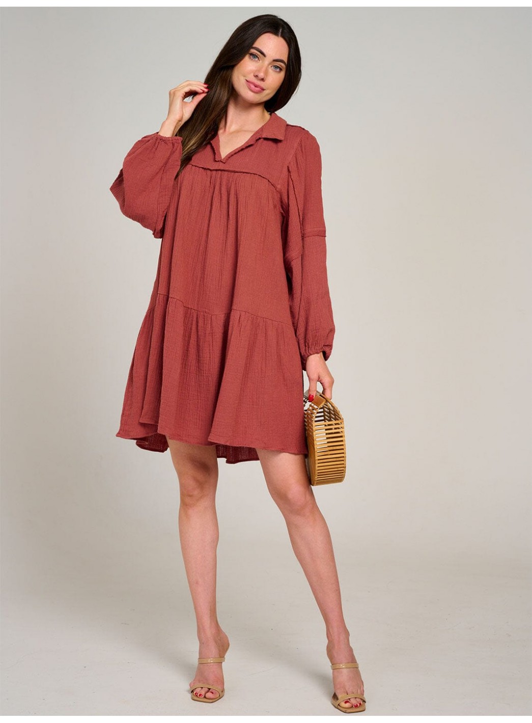 WOMEN'S LONG SLEEVE V-NECK FRONT POCKETS TIERED MIDI DRESS