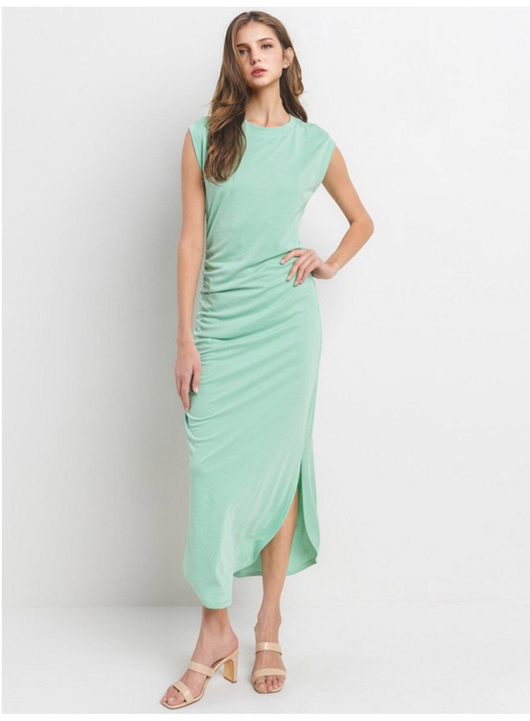 WOMEN'S SHORT SLEEVE SIDE RUCHED BODYCON MAXI DRESS