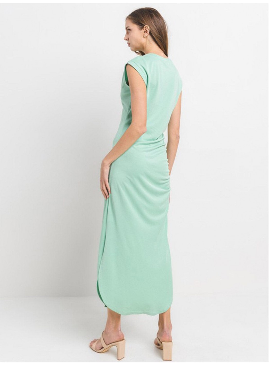 WOMEN'S SHORT SLEEVE SIDE RUCHED BODYCON MAXI DRESS