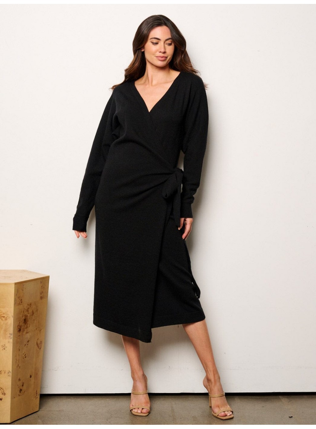 WOMEN'S LONG SLEEVE SELF TIE WRAP MIDI DRESS