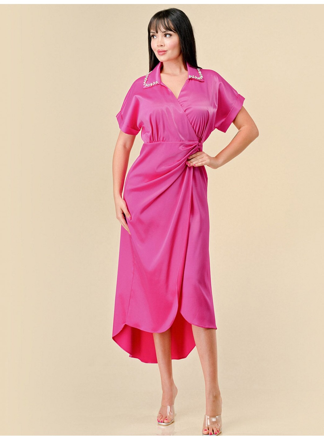 WOMEN'S SHORT SLEEVES STUDS NECK DETAILED HIGH-LOW WRAP MIDI DRESS