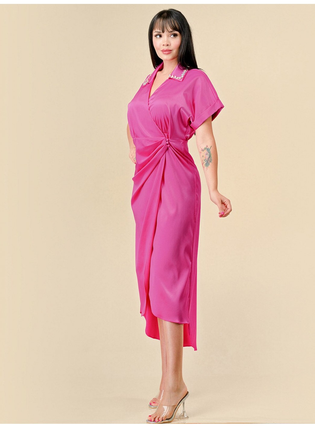 WOMEN'S SHORT SLEEVES STUDS NECK DETAILED HIGH-LOW WRAP MIDI DRESS