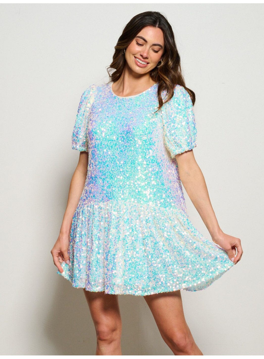 WOMEN'S SHORT PUFF SLEEVE TIERED SEQUINS MINI DRESS