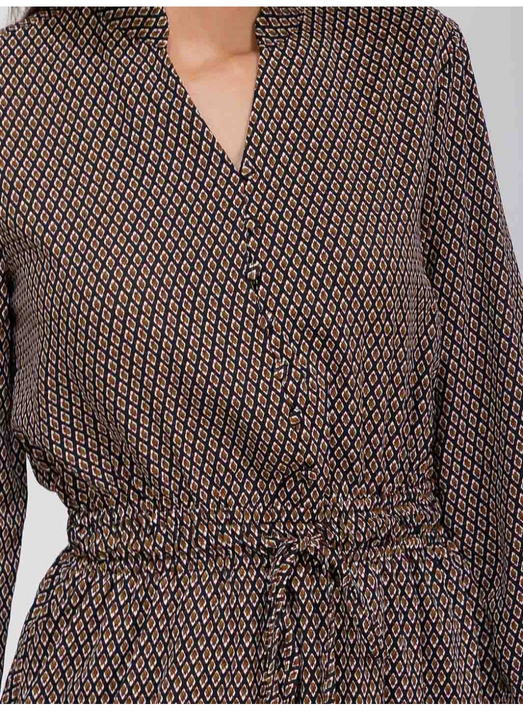 WOMEN'S LONG SLEEVE BUTTON UP ADJUSTABLE WAIST POCKETS PRINTED MIDI DRESS