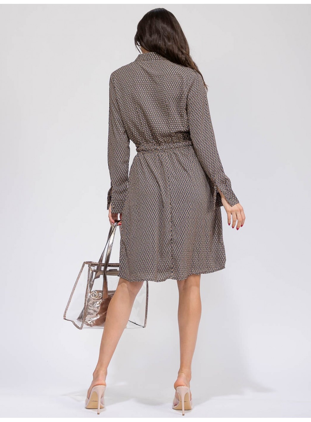 WOMEN'S LONG SLEEVE BUTTON UP ADJUSTABLE WAIST POCKETS PRINTED MIDI DRESS