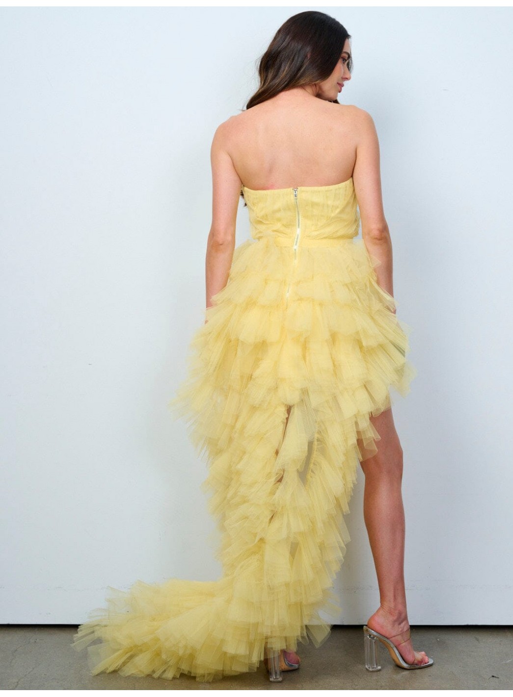 WOMEN'S SLEEVELESS SURPLICE TIERED RUFFLE HIGH-LOW MINI DRESS