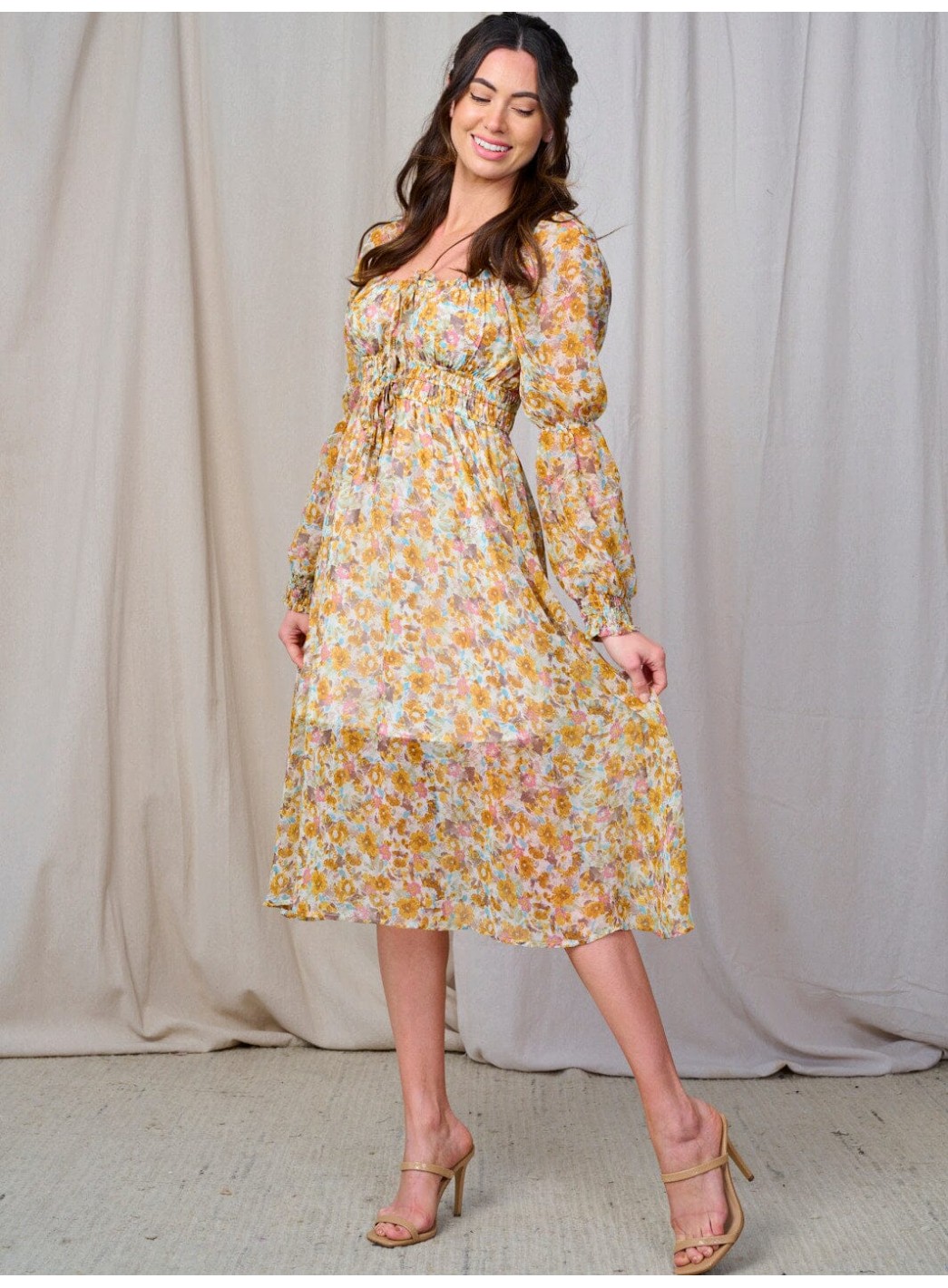 WOMEN'S LONG SLEEVE ELASTIC WAIST FLORAL MIDI DRESS