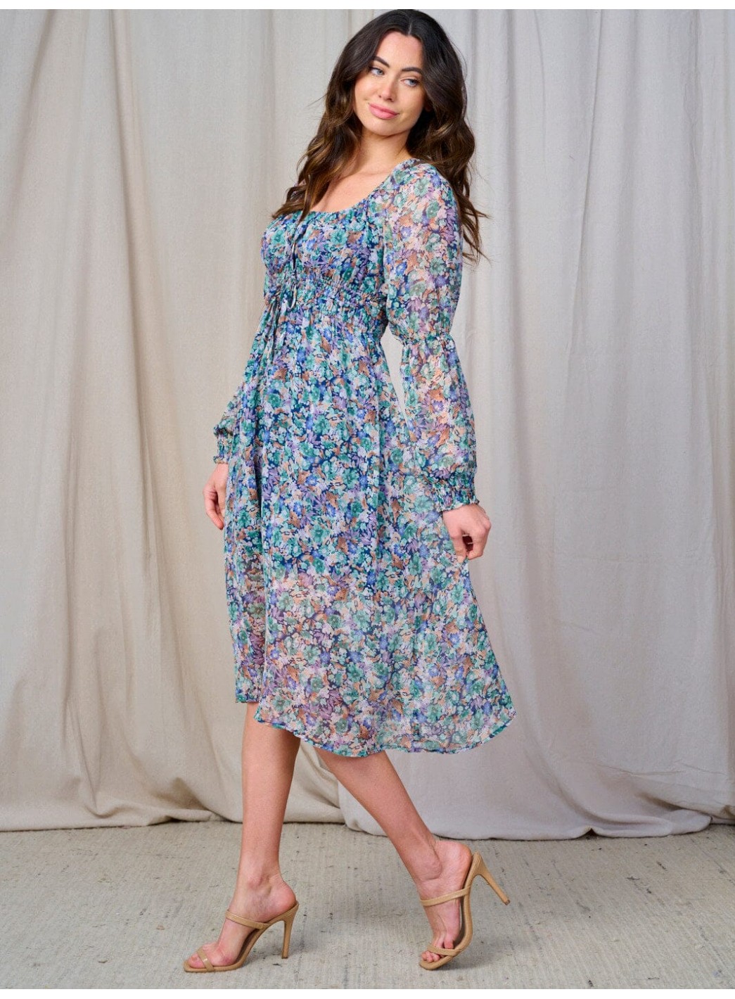 WOMEN'S LONG SLEEVE ELASTIC WAIST FLORAL MIDI DRESS
