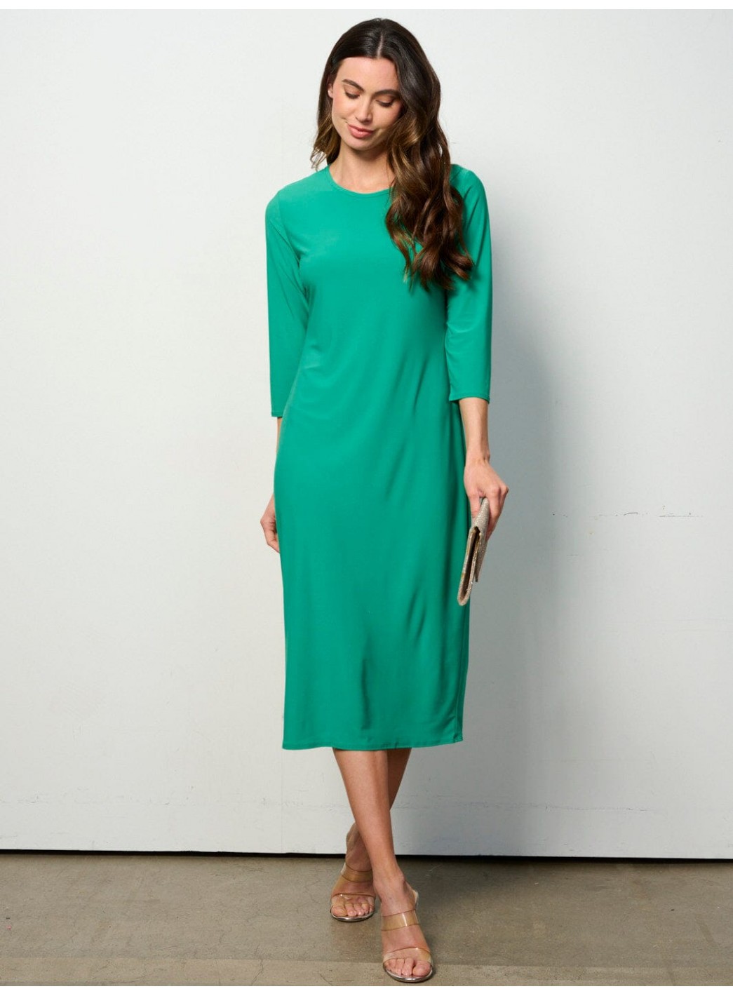 WOMEN'S 3/4 SLEEVES SOLID MIDI DRESS